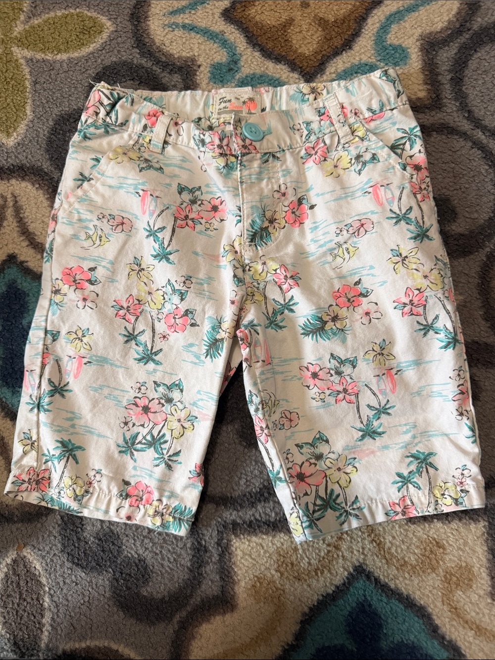 Carter's Cream tropical Floral Print Shorts with Pink & Yellow Flowers, Fish